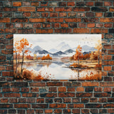 Panoramic Gold Brown Mountain Valley Watercolor Art Print On Canvas, Misty Rolling Hills Landscape Painting, Extra Large  Wall Art