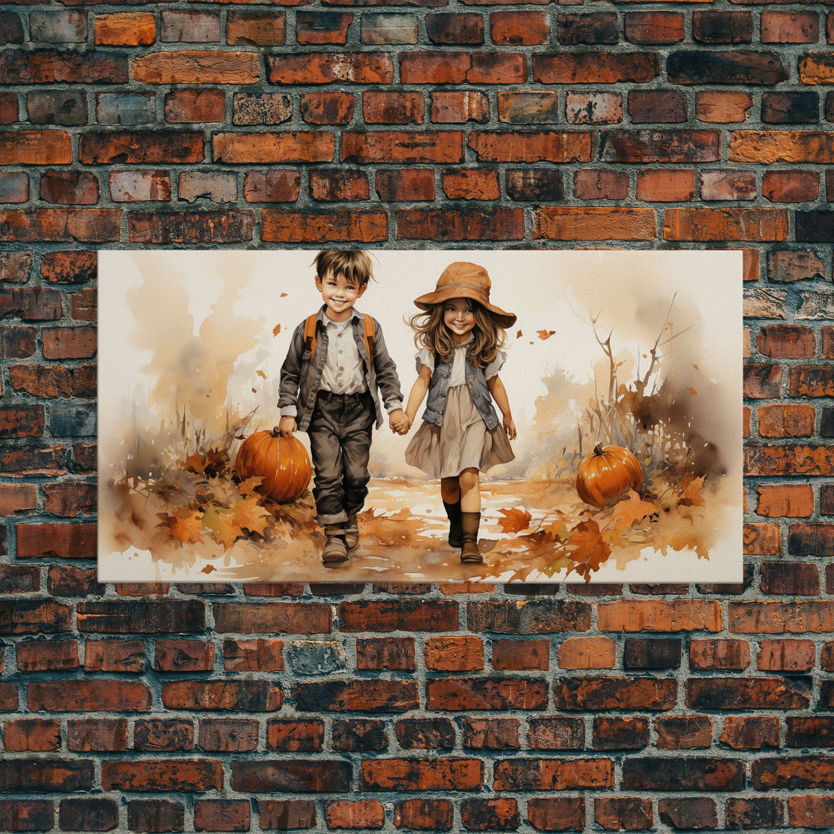 Boy And Girl Holding Hands, Fall Wall Decor, Canvas Print, Wall Hanging, Panoramic Art, Kids Wall Art, Nursery Wall Art, Gifts For Grandma