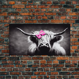 Cute Highland cattle canvas, wall art, Farmhouse decor, Cow Black White print Rustic wall decor Animals painting Scottish cow wall art