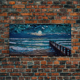 Full Moon Over Beach & Ocean Waves - Framed Canvas Print - Lighthouse and Beach Art - Lakehouse Art - Beach House - Living Room Decor