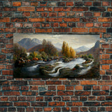 Scenic nature landscape canvas print, flowing river water color, fall scenic art, panoramic nature landscape