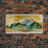 Serene Green Watercolor Landscape, Canvas Print, abstract wall art of a lake and mountains