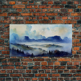 Panoramic Blue Mountain Valley Watercolour Art Canvas Print, Misty Rolling Hills Watercolor Landscape Painting Extra Large Panorama Print