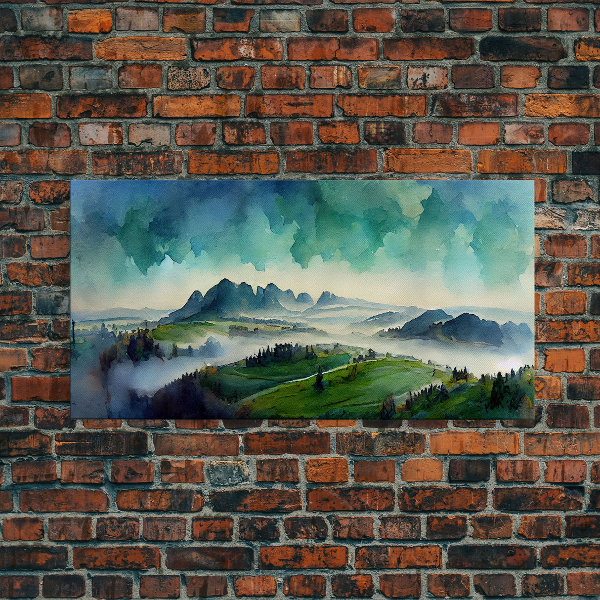 Panoramic Blue Green Mountain Valley Watercolor Canvas Art Print, Misty Rolling Hills Landscape, Extra Large Panorama Print