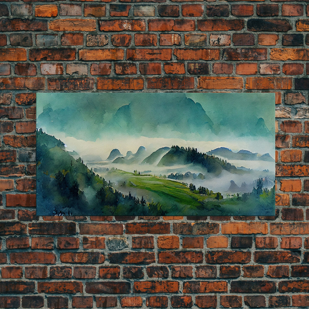 Panoramic Green Blue Foggy Mountain Valley Watercolor Canvas Art Print, Misty Rolling Hills Landscape, Extra Large Panorama Print