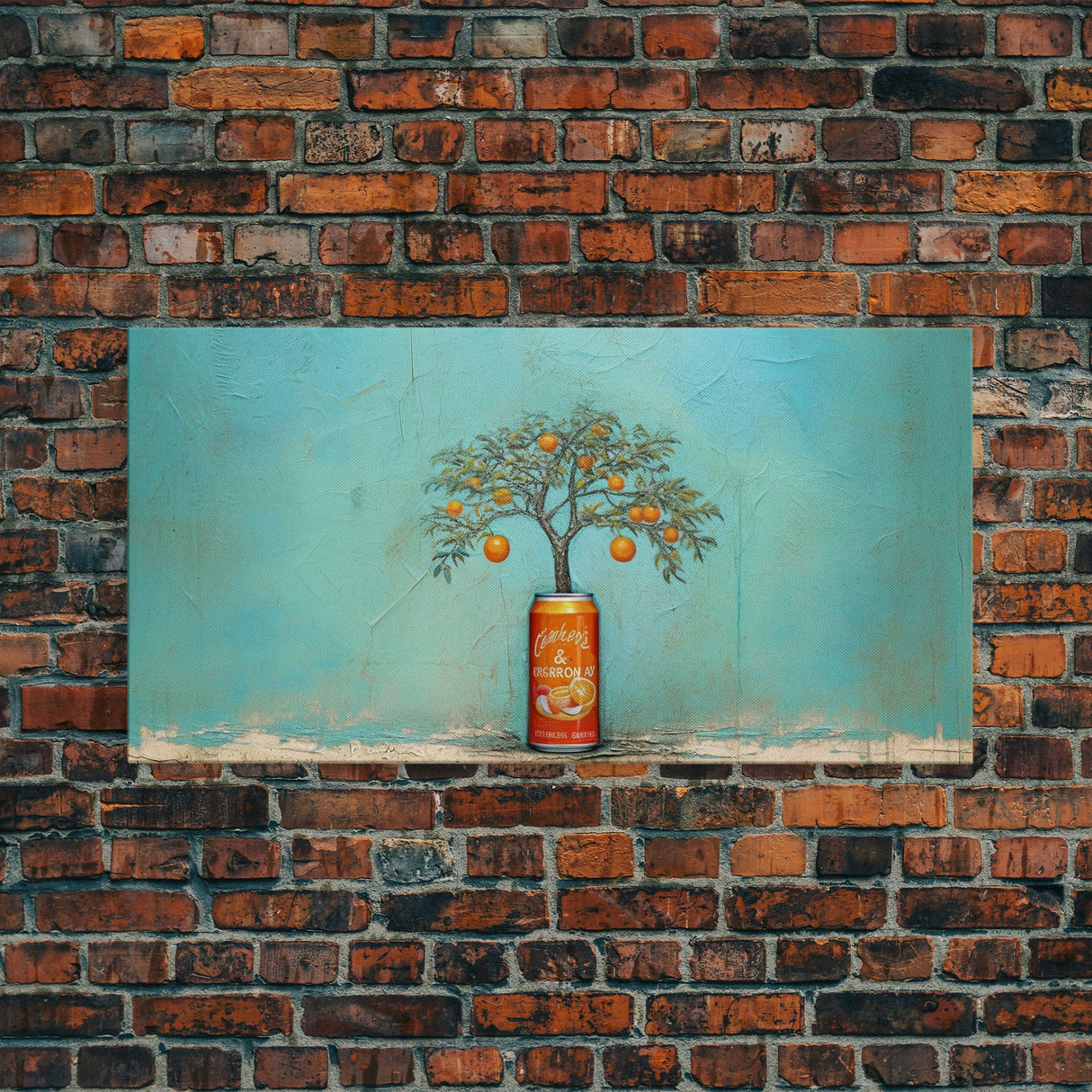 Orange Tree In Soda Can Wall Decor, Orange Wall Art, Plant Art, Teal Art, Panoramic Wall Decor, Canvas Print, Wall Art, Framed Canvas Art