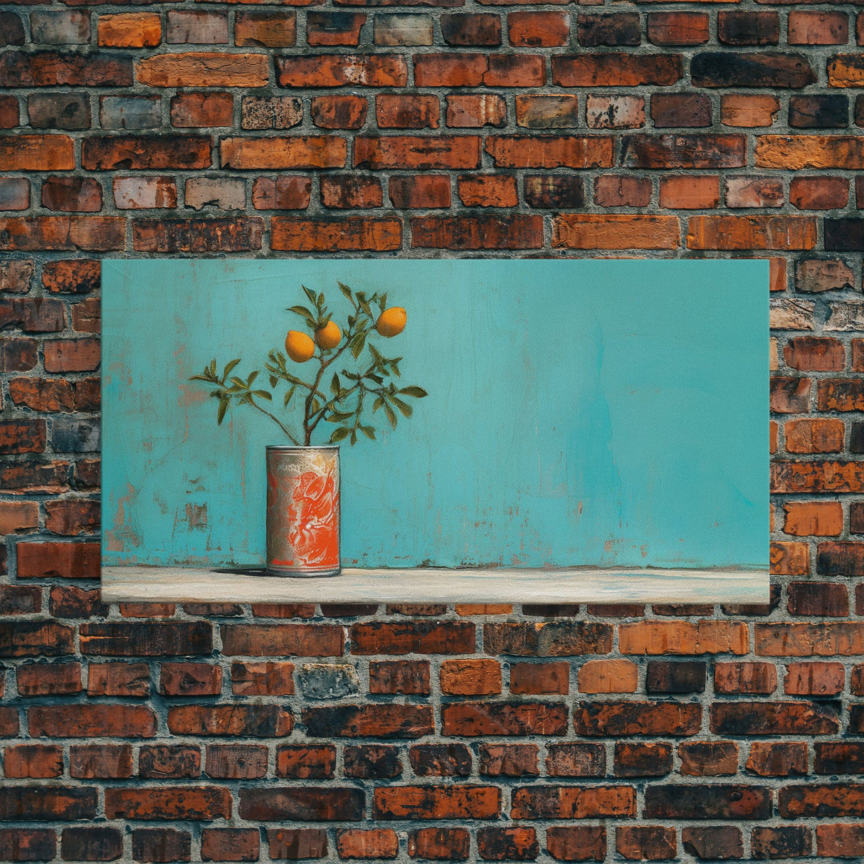 Orange Tree In Soda Can Wall Decor, Orange Wall Art, Plant Art, Teal Art, Panoramic Wall Decor, Canvas Print, Wall Art, Framed Canvas Art