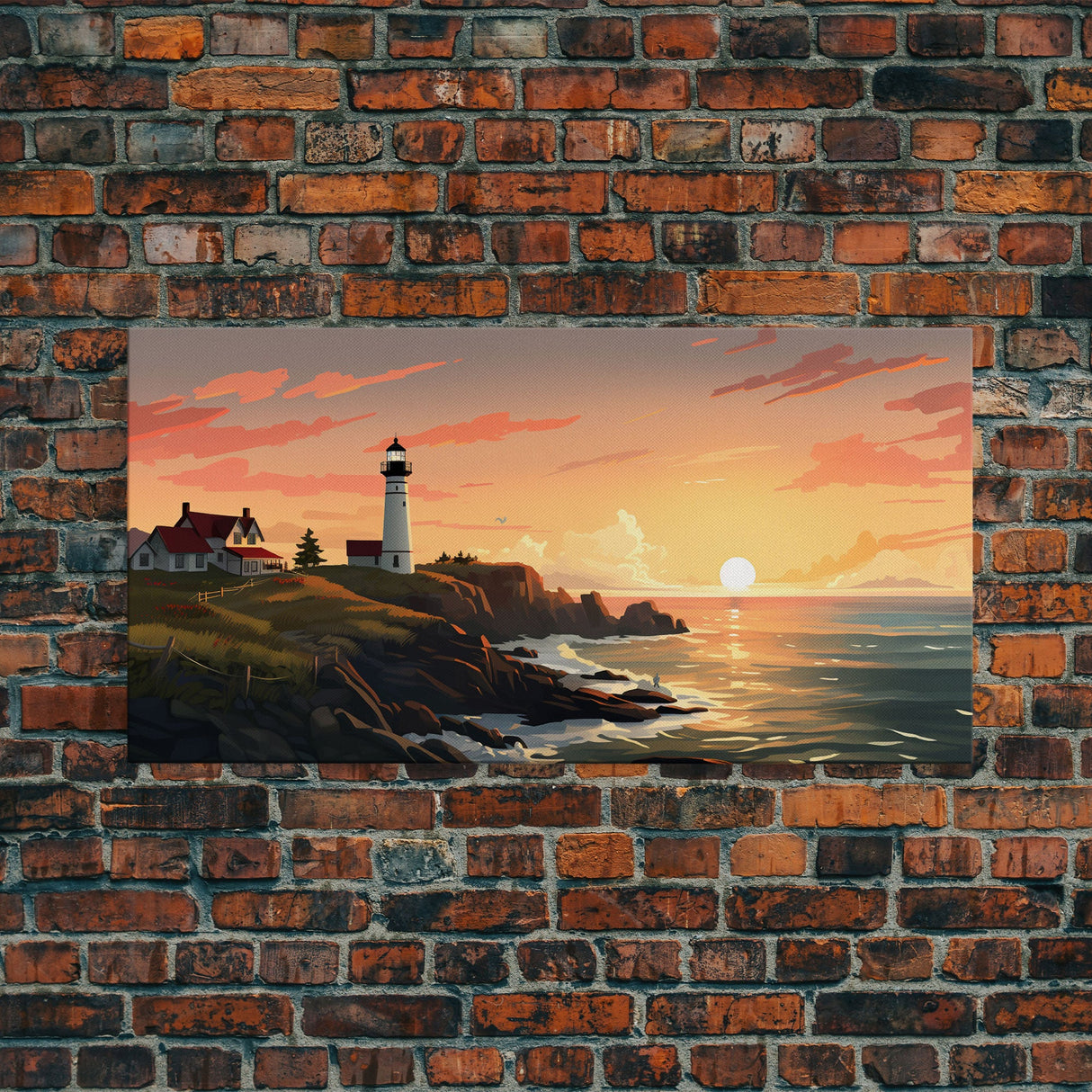 Lighthouse Painting, Nautical Wall Art, Sunset Wall Print, Panoramic Art, Wall Art, Canvas Art, Landscape Art, Above Couch Wall Art, Prints