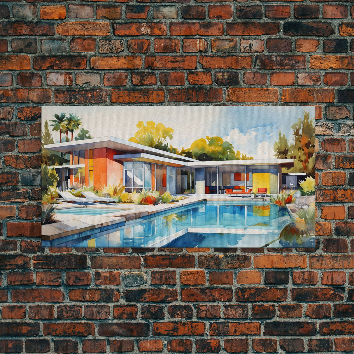 Architecture Art, Midcentury Modern, House Portrait, Watercolor House, Panoramic Art, Wall Art, Canvas Art, Landscape Art, Realtor Gift