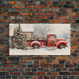 Christmas Tree Delivery - Retro Farmhouse Christmas Decor - Old Red Truck Delivering Christmas Trees - Framed Canvas Print - Holiday Decor