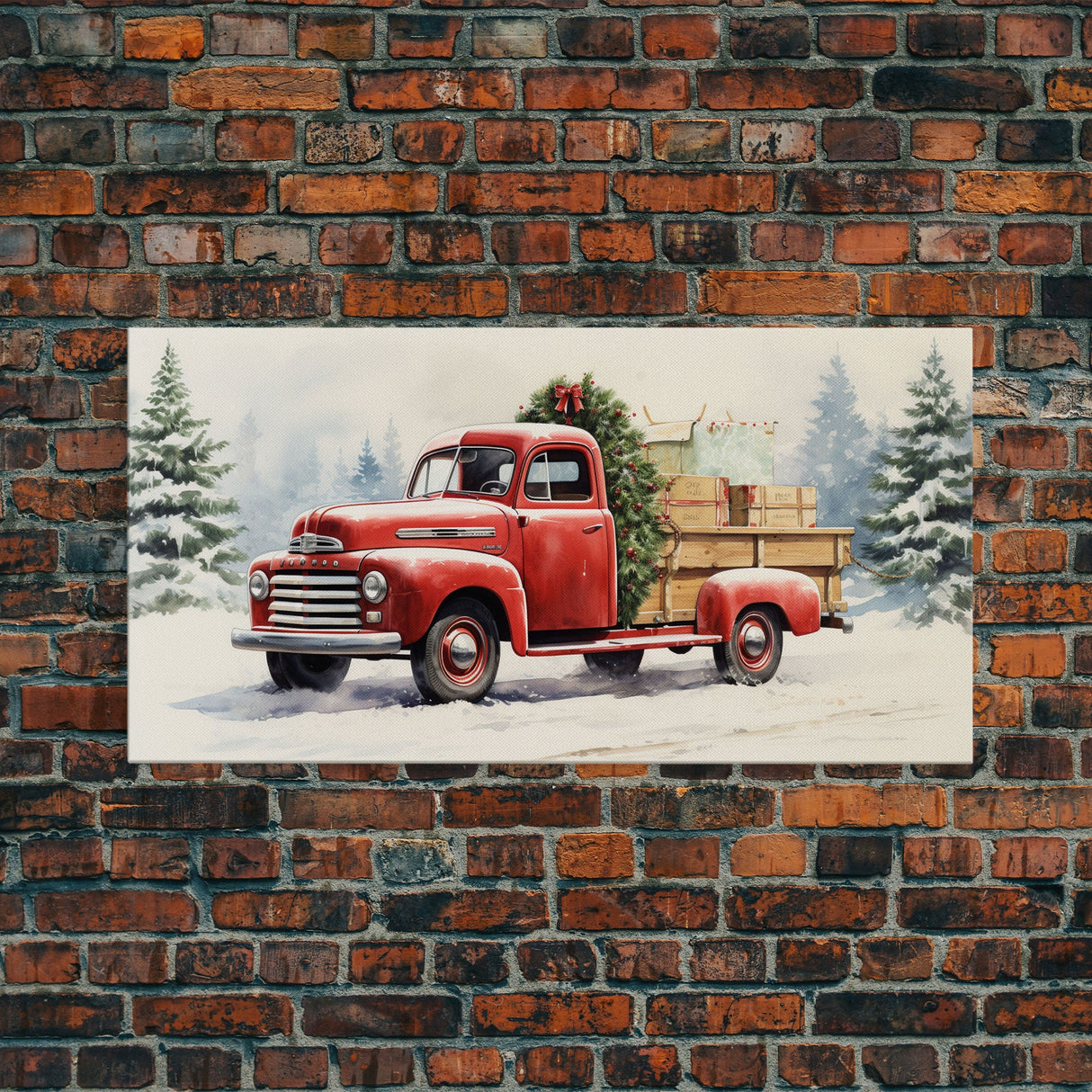 Christmas Tree Delivery - Retro Farmhouse Christmas Decor - Old Red Truck Delivering Christmas Trees - Framed Canvas Print - Holiday Decor