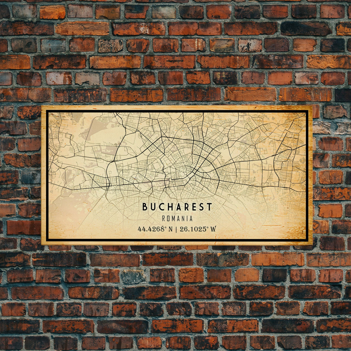 Panoramic Vintage Style Bucharest City Map Wall Art Canvas Print, Distressed Bucharest Map, Framed Art, Cool Travel Wall Art, Office Art