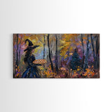 Witch Having A Pizza Party For One In The Haunted Forest, Framed Canvas Print, Funny Halloween Art