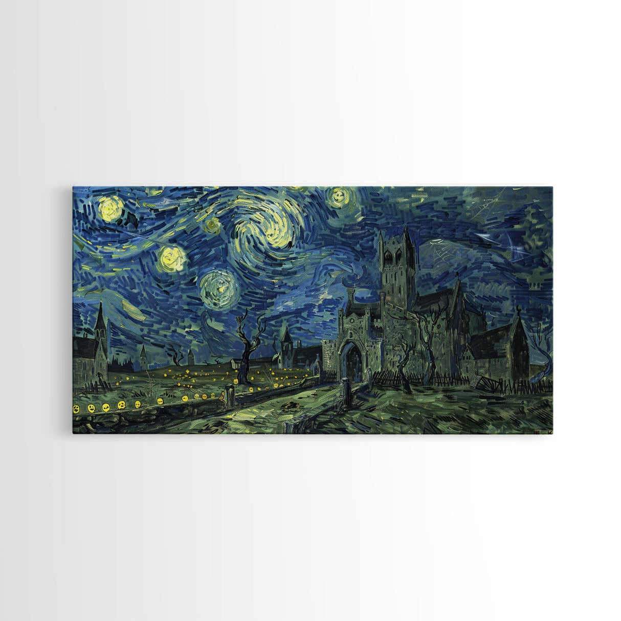 The Haunted Castle - Framed Canvas Print - Halloween Decor - Starry Night Inspired Dark Academia Halloween Wall Art