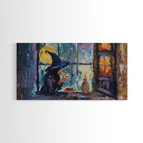 Witch Eatin' a Slice of Pizza, Framed Canvas Print, Witchy Decor, Impasto Style Halloween Wall Art