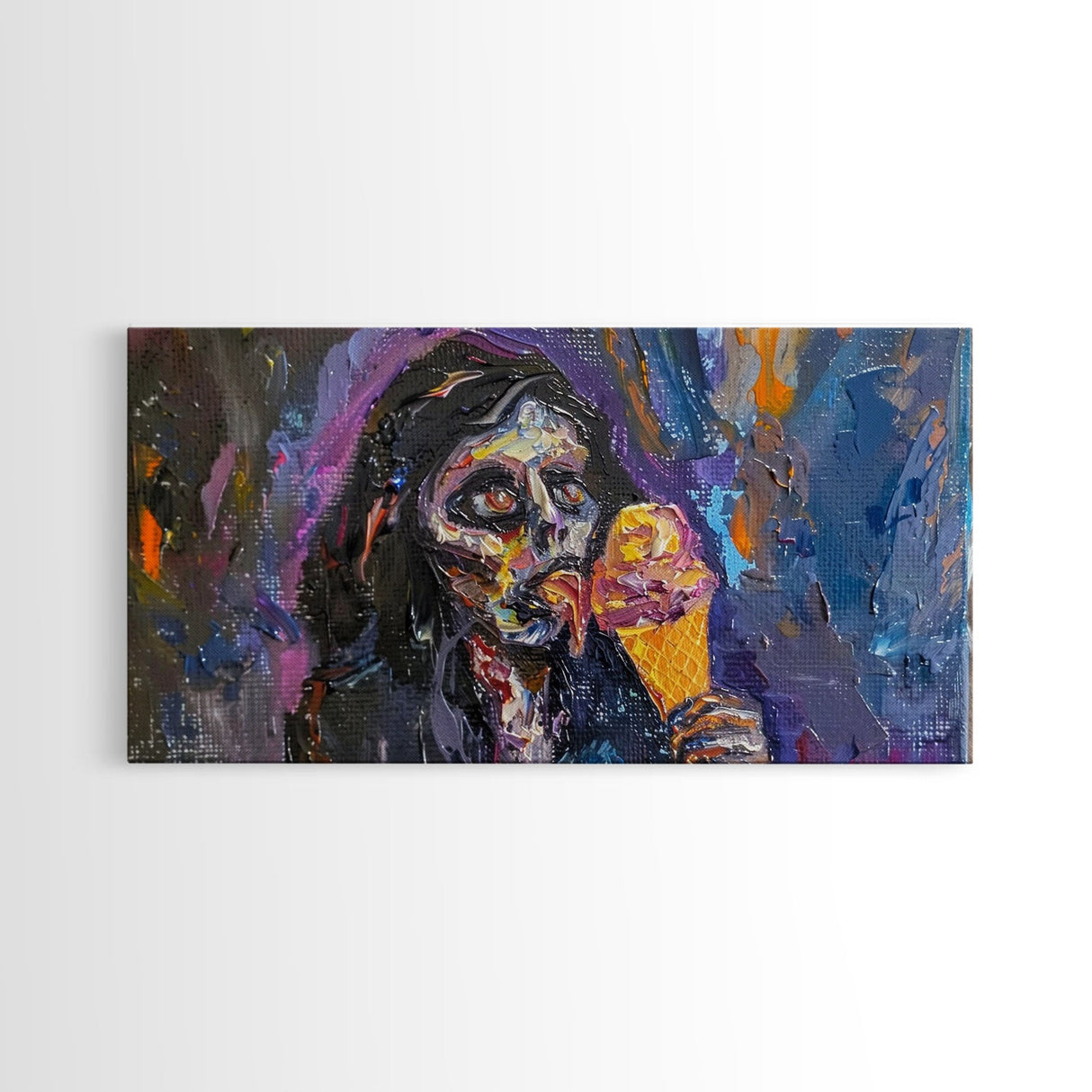 Zombie Eating an Ice Cream Cone, I thought they wanted brains? Framed Canvas Print, Halloween Decor