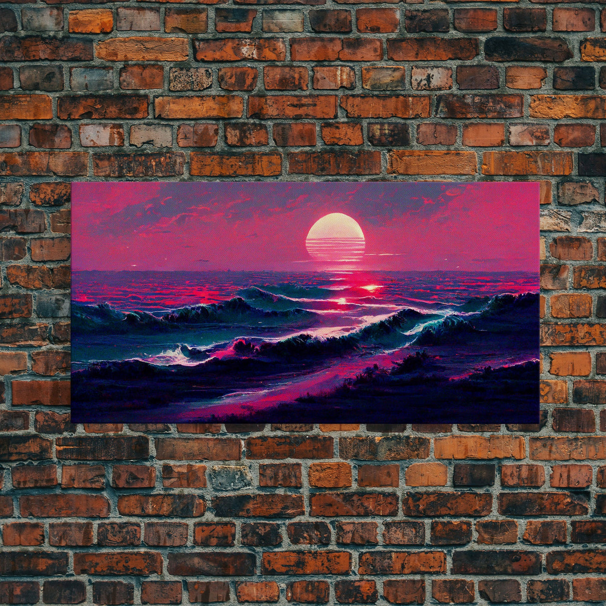 Synth wave sunset, ocean painting canvas print, outrun style, sun set art, wall decor, Made in Texas, ocean sunset, beach vaporwave