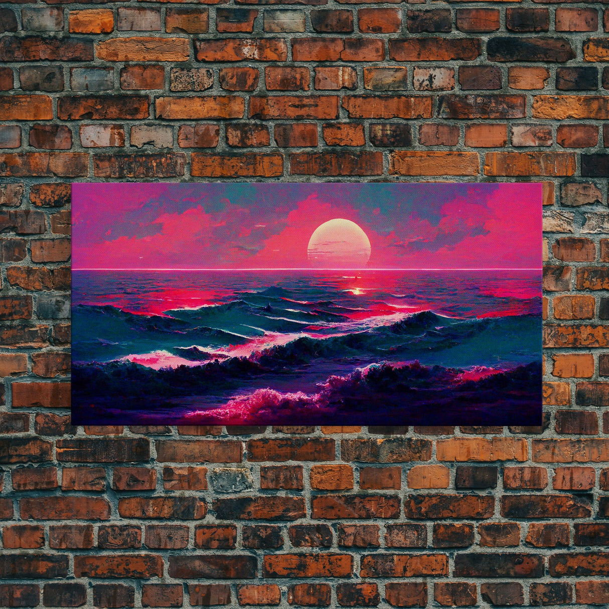 Synth wave sunset wall art, ocean painting canvas print, outrun style, sun set art, wall decor, ocean sunset, beach vaporwave, guest room