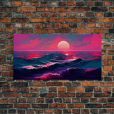 Synth wave sunset wall art, ocean painting canvas print, outrun style, sun set art, wall decor, ocean sunset, beach vaporwave, guest room