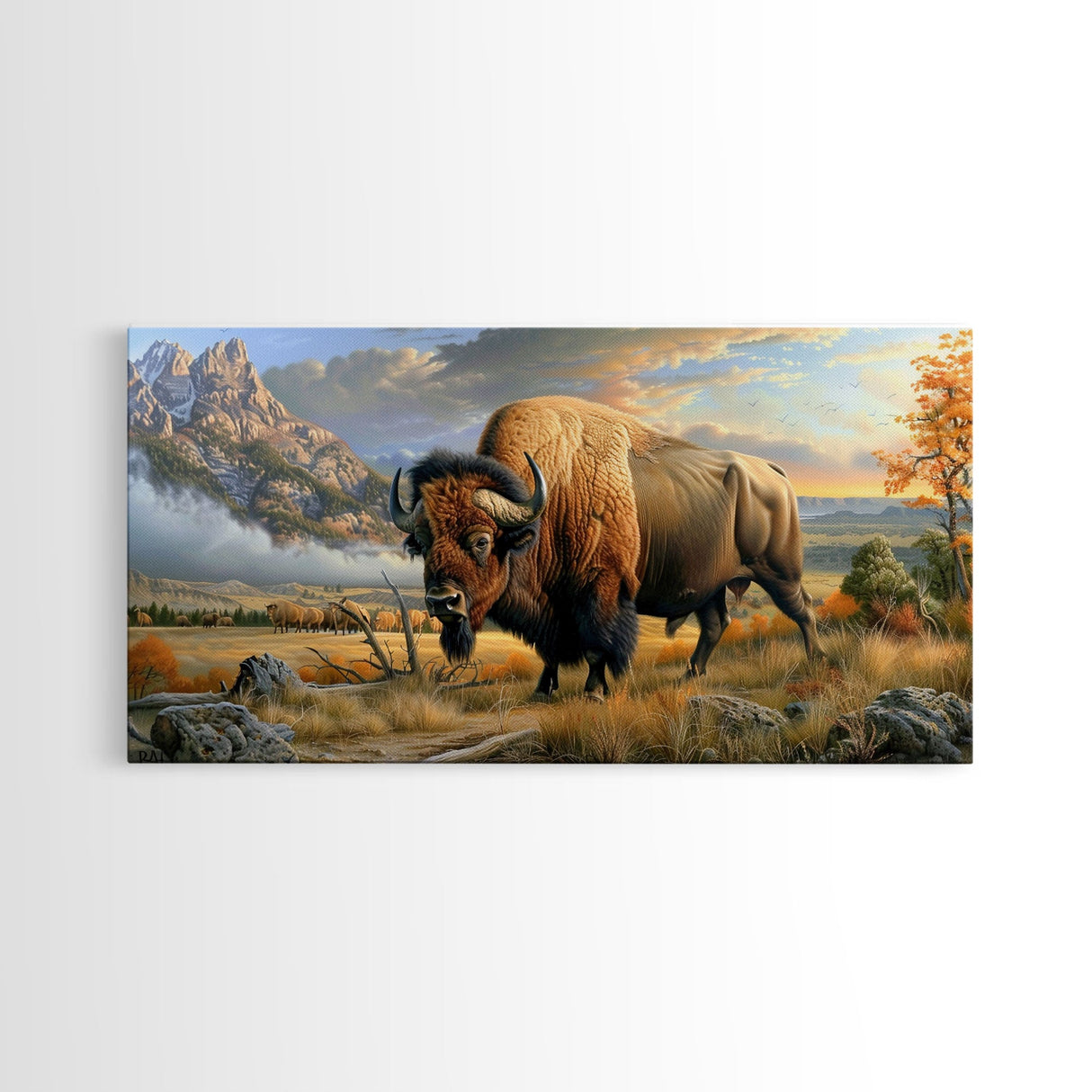 Majestic Bison in Autumn Landscape, Framed Canvas Print, Perfect for Living Room Art, Rustic Home Decor, Western Themed Bedroom Wall Art