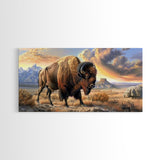 Lone Bison Roaming the Plains, Framed Canvas Print, Great for Living Room Art, Rustic Home Decor, Western Style Bedroom Wall Art