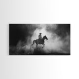 Silhouette of Cowboy on Horse in Dusty Arena, Framed Canvas Print for Western Style Home, Perfect Living Room Decor, Art for Bedroom