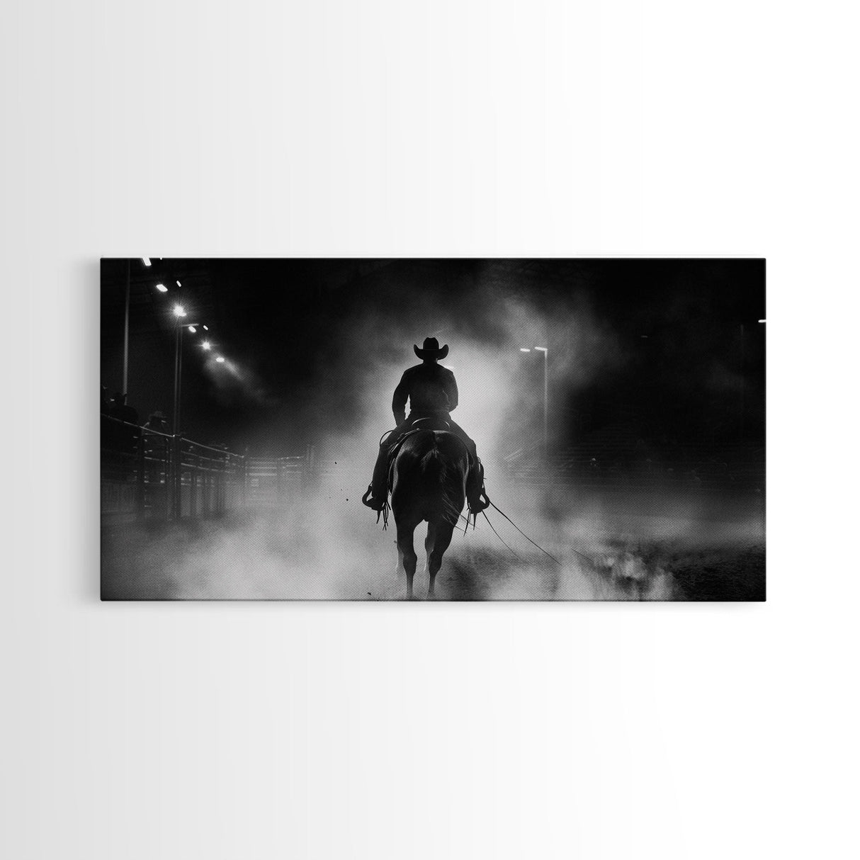 Mysterious Cowboy Riding Through Smoke at Night, Framed Canvas Print for Living Room, Ideal Western Bedroom Decor, Wall Art