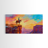 Lone Cowboy at Canyon Edge During Sunset, Farmhouse Style Framed Canvas Print for Bedroom Wall Art, Rustic Home Decor, Western Landscape