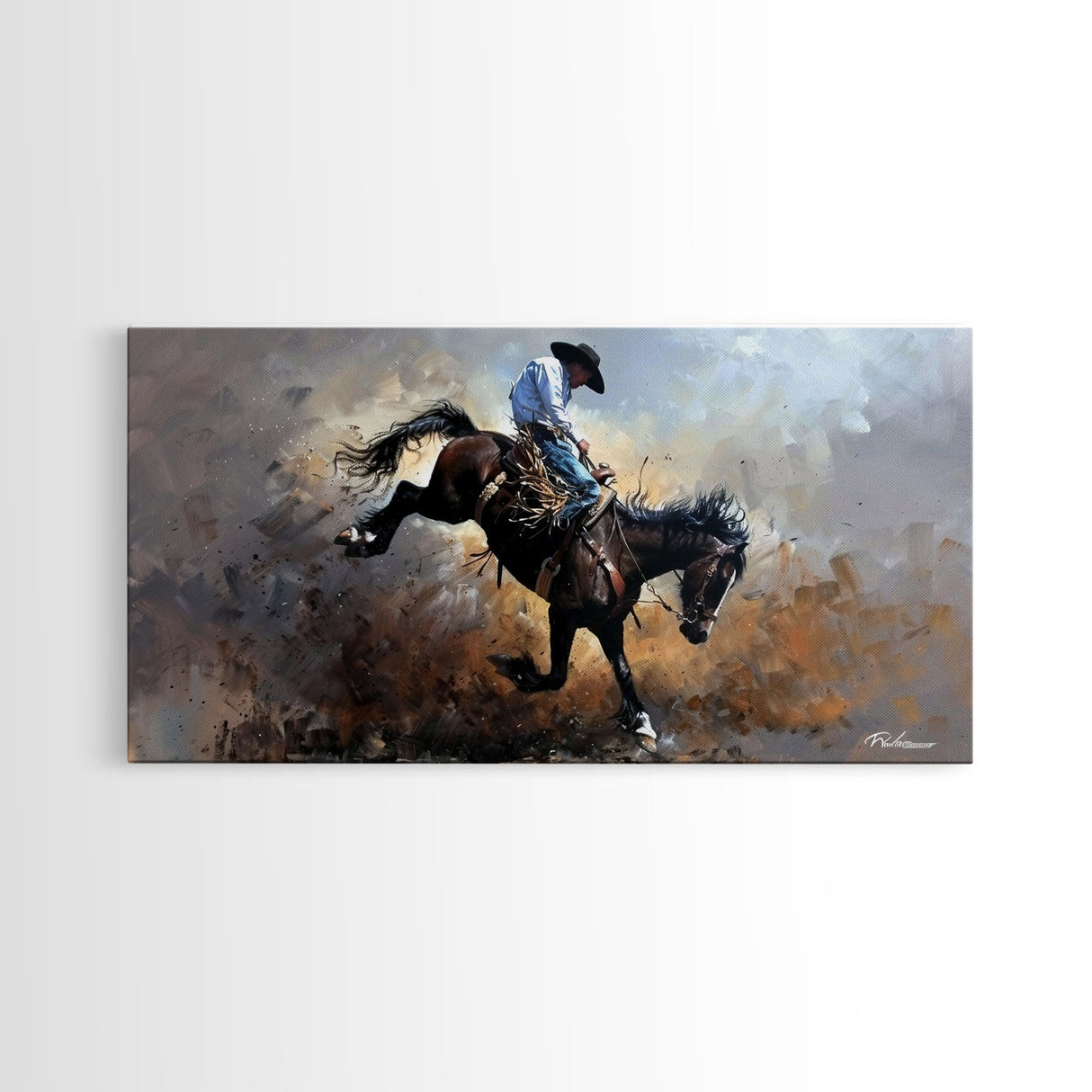 Wild Bronco Rider in Dusty Arena Scene, Stunning Framed Canvas Print, Ideal for Living Room Art, Western Bedroom Decor, Home Wall Art