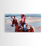 Cowgirl on Horse at the Beach, Stunning Framed Canvas Print, Ideal for Coastal Living Room Art, Beach Bedroom Decor, Equestrian Wall Art