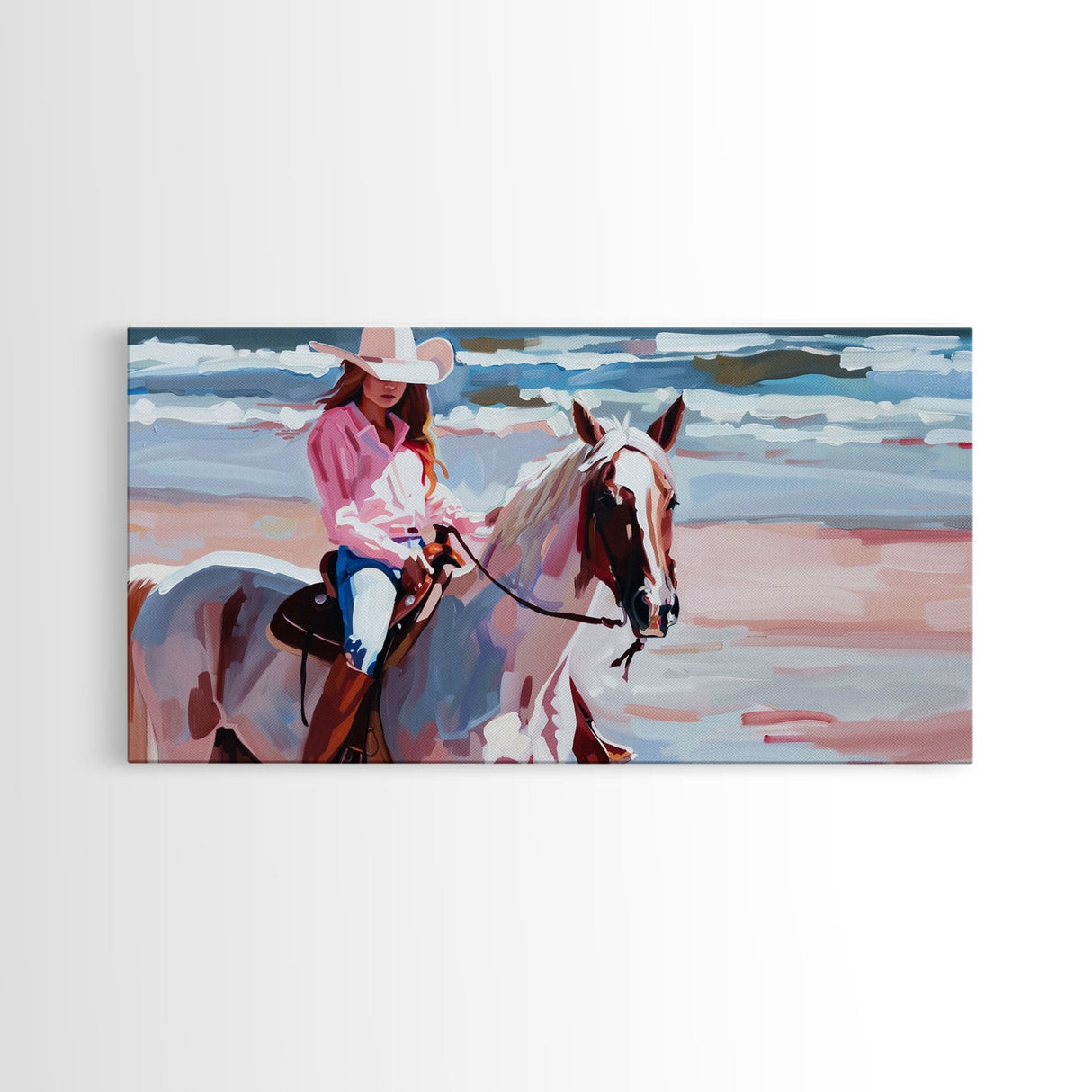 Cowgirl in Pink Shirt Riding Horse by the Sea, Beautiful Framed Canvas Print, Coastal Living Room Art, Beach Bedroom Decor, Horse Art