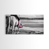 Beach Horseback Rider with Pink Boots, Delightful Framed Canvas Print, Ideal for Living Room or Bedroom Wall Art