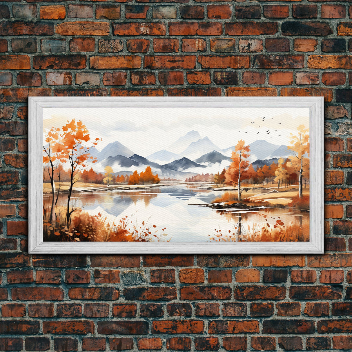 Panoramic Gold Brown Mountain Valley Watercolor Art Print On Canvas, Misty Rolling Hills Landscape Painting, Extra Large  Wall Art