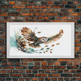 Flying owl with trees, leaves, forest double exposure, nature animal, owl illusion art, wrapped framed canvas print, office wall art