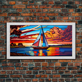 Stained Glass Art Deco Sail Boat Wall Art | Framed Canvas Print | Nautical Art | Seascape Art | Beach House Decor