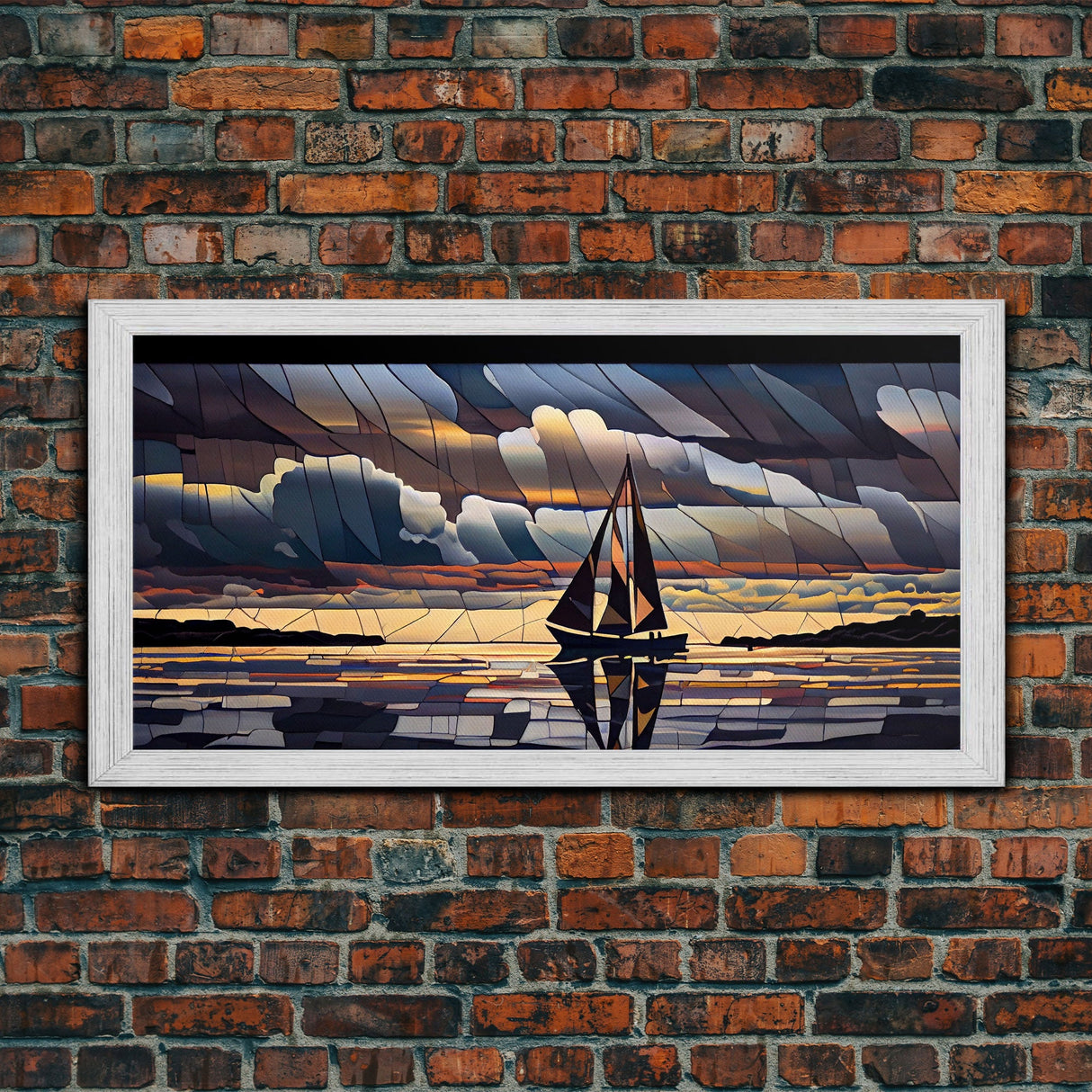 Art Deco Stained Glass Sail Boat Wall Art | Framed Canvas Print | Nautical Art | Seascape Art | Beach House Decor