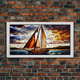 Art Deco Stained Glass Sail Boat Wall Art | Framed Canvas Print | Nautical Art | Seascape Art | Beach House Decor