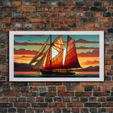 Art Deco Stained Glass Sail Boat Wall Art | Framed Canvas Print | Nautical Art | Seascape Art | Beach House Decor