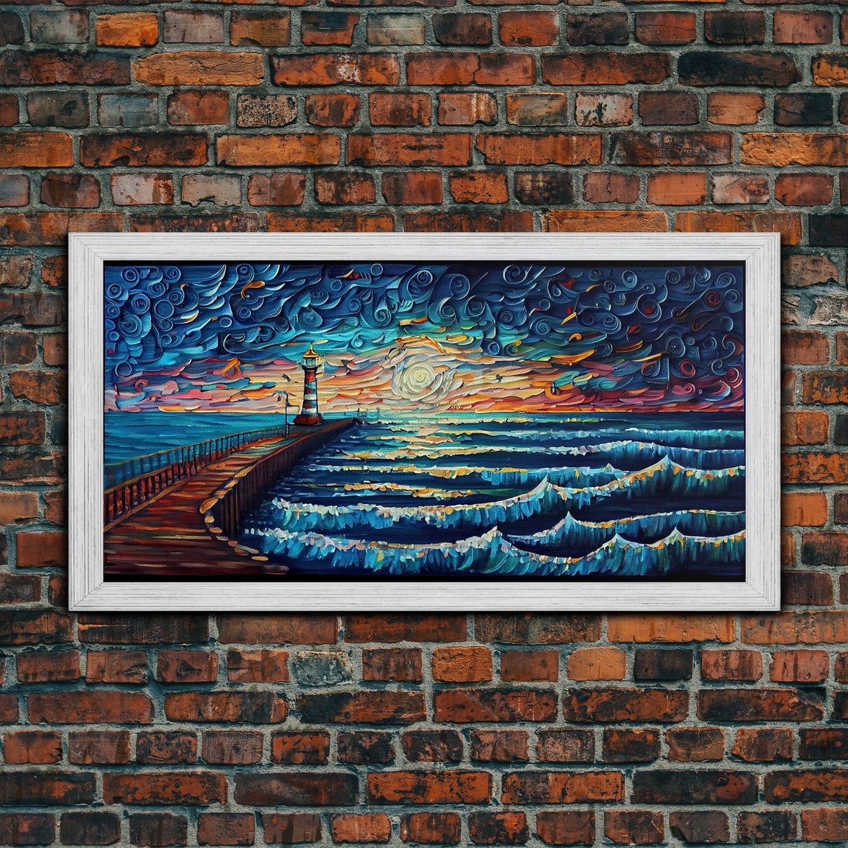 Starry Night Style Light House - Framed Canvas Print - Lighthouse and Beach Art - Lakehouse Art - Beach House - Living Room Decor