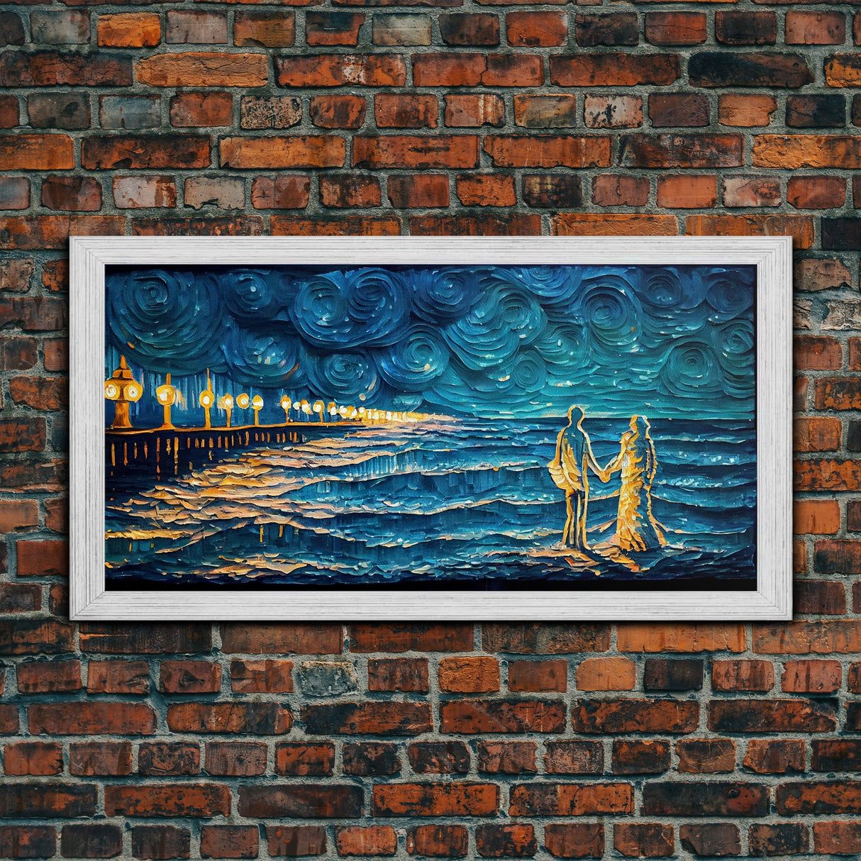 Couple Standing On The Beach, Abstract Art, Framed Canvas Print, Wood Framed Wall Art, Gift For Couples, Gift, Van Gogh Style Art