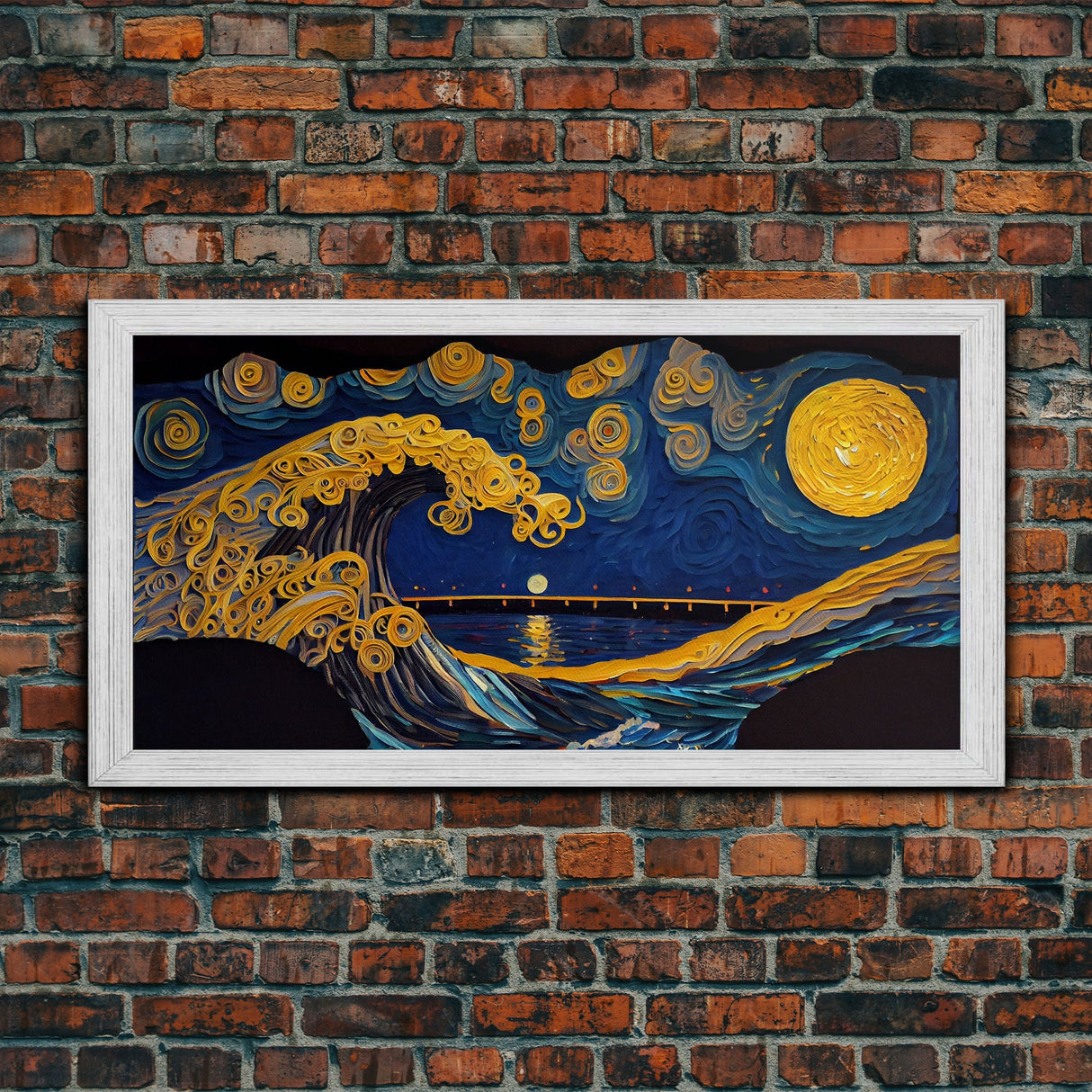 The Wave, Abstract Art, Framed Canvas Print, Wood Framed Wall Art, Gift, Van Gogh Style Art, Full Moon