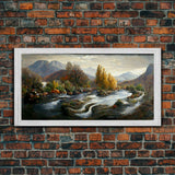 Scenic nature landscape canvas print, flowing river water color, fall scenic art, panoramic nature landscape