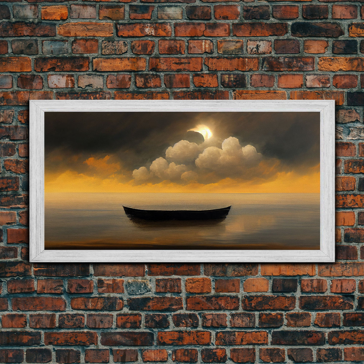 Row boat on a lake canvas print, sunset, watercolor, nature panoramic canvas print