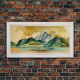 Serene Green Watercolor Landscape, Canvas Print, abstract wall art of a lake and mountains