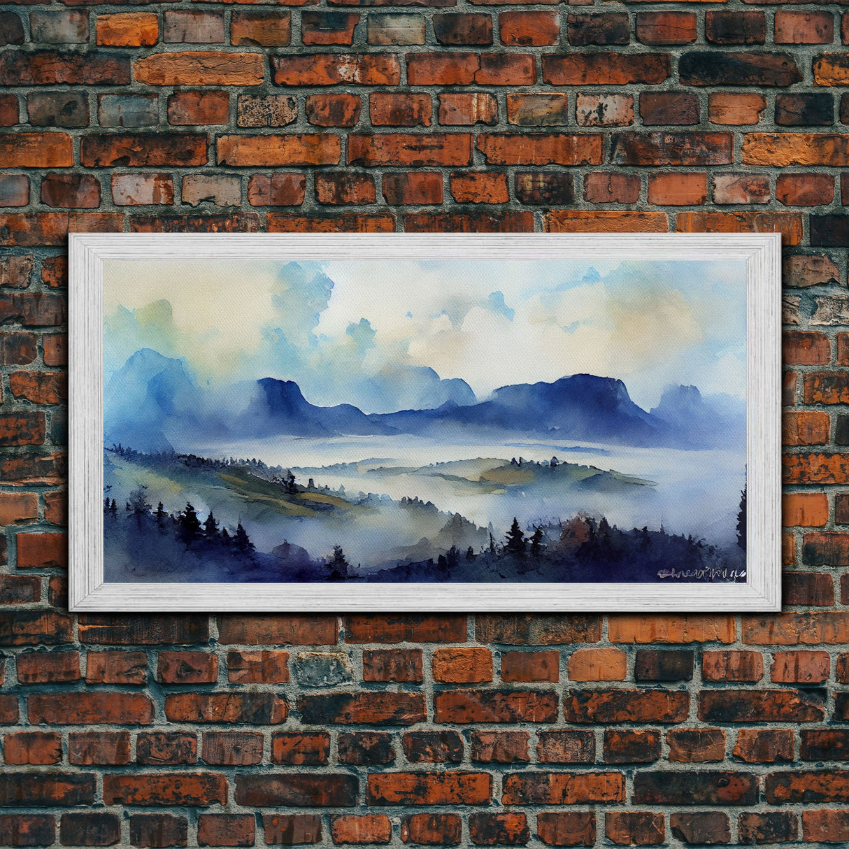 Panoramic Blue Mountain Valley Watercolour Art Canvas Print, Misty Rolling Hills Watercolor Landscape Painting Extra Large Panorama Print