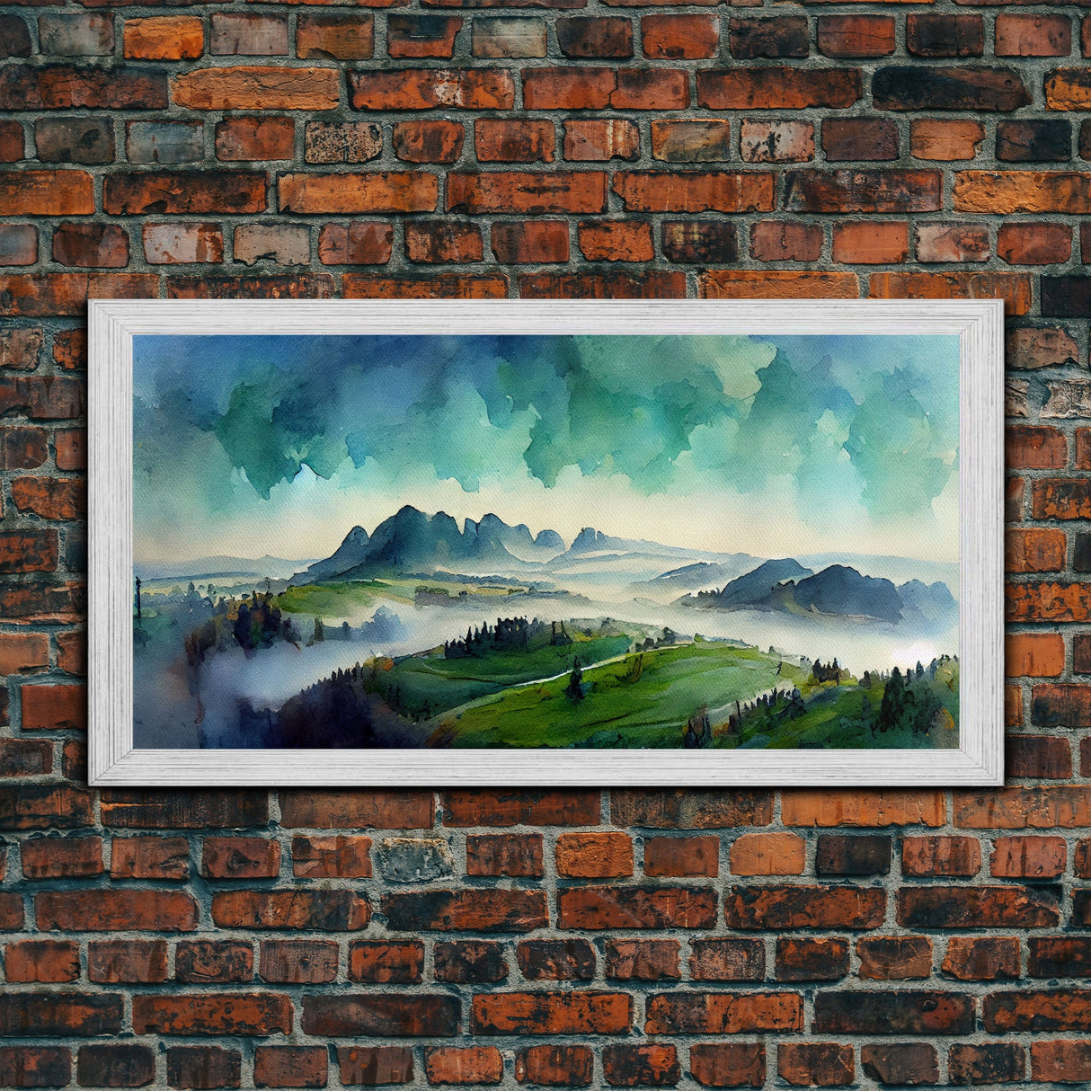 Panoramic Blue Green Mountain Valley Watercolor Canvas Art Print, Misty Rolling Hills Landscape, Extra Large Panorama Print