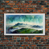 Panoramic Blue Green Mountain Valley Watercolor Canvas Art Print, Misty Rolling Hills Landscape, Extra Large Panorama Print