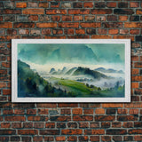 Panoramic Green Blue Foggy Mountain Valley Watercolor Canvas Art Print, Misty Rolling Hills Landscape, Extra Large Panorama Print