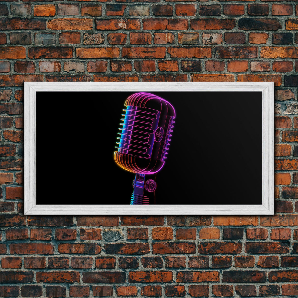 Neon Lights Retro Microphone Wall Decor, Mic Wall Art, Minimalist Art, Panoramic Wall Decor, Canvas Print, Wall Art, Framed Canvas Art