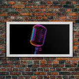 Neon Lights Retro Microphone Wall Decor, Mic Wall Art, Minimalist Art, Panoramic Wall Decor, Canvas Print, Wall Art, Framed Canvas Art